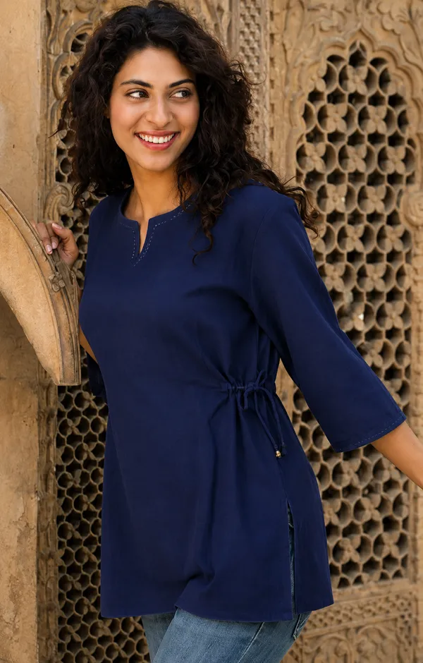 Women’s_Navy_Blue_Tie-Waist_Cotton_Kurti_Top