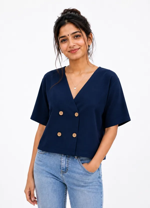 Women�s_Solid_Navy_Blue_V-Neck_Button-Front_Casual_Top_|_Half_Sleeve_Stylish_Summer_Top