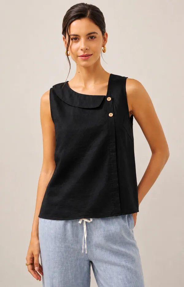 Womens_Black_Sleeveless_Relaxed_Fit_Top_with_Round_Neck,_Overlay_Panel_&_Button_Detail