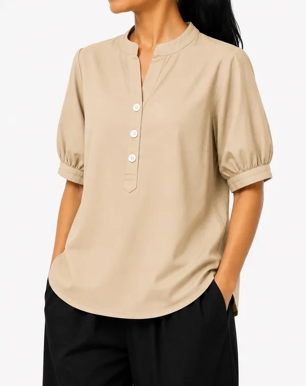 Women's_Khaki_Cotton_Blend_Mandarin_Collar_Half_Sleeve_Casual_Top