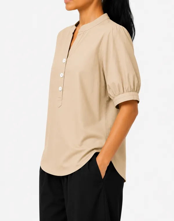 Women's_Khaki_Cotton_Blend_Mandarin_Collar_Half_Sleeve_Casual_Top