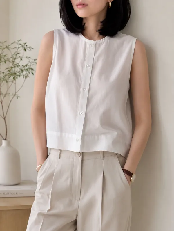 White_Solid_Round_Neck_Sleeveless_Top_For_Women