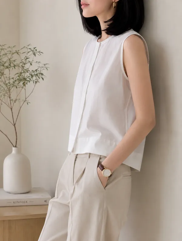 White_Solid_Round_Neck_Sleeveless_Top_For_Women
