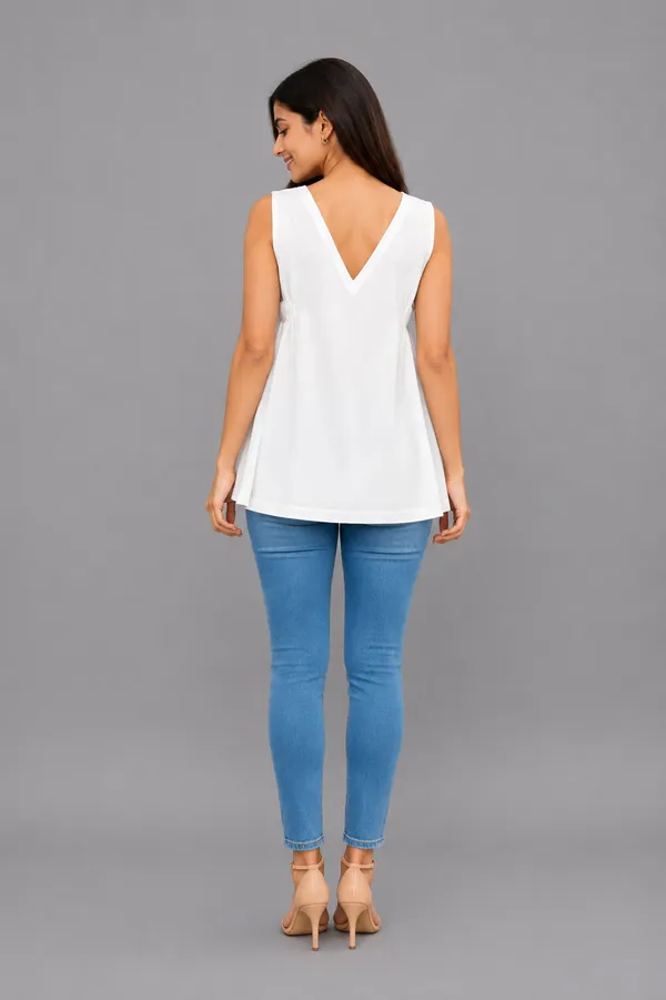 White_Solid_V-Neck_Sleeveless_Top_For_Women