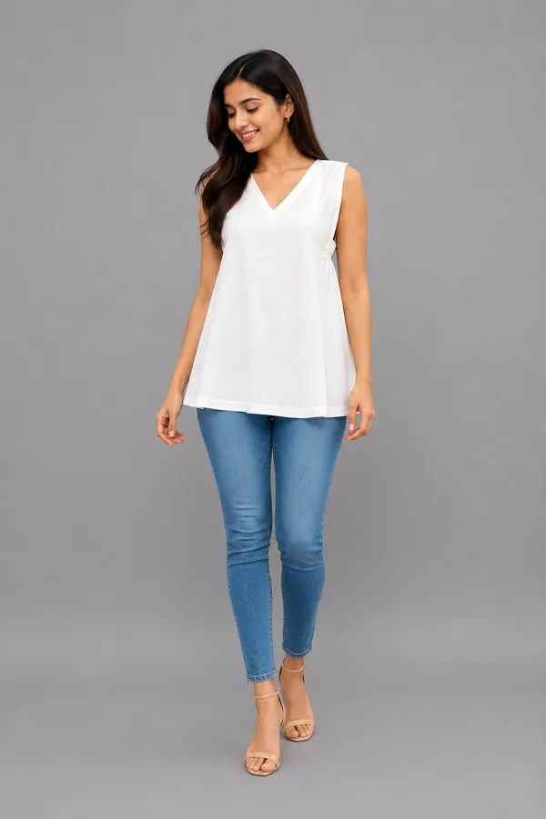 White_Solid_V-Neck_Sleeveless_Top_For_Women