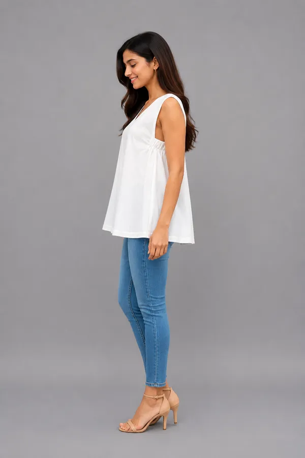 White_Solid_V-Neck_Sleeveless_Top_For_Women