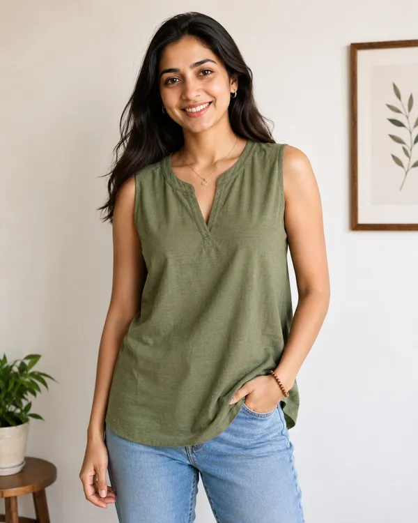 Green_Solid_V-Neck_Sleeveless_Top_For_Women