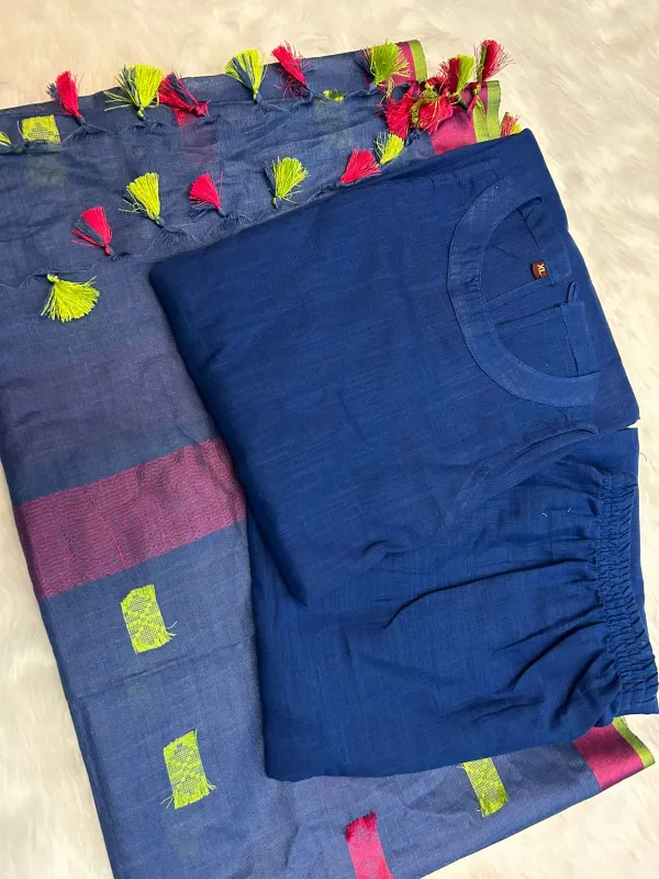 Blue_Cotton_Handloom_Kurta_With_Pant_&_Linen_Weaved_Dupatta_Set