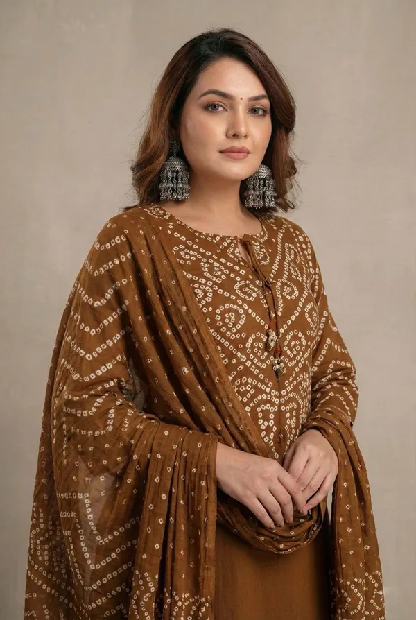 Brown_Printed_Bandhani_Cotton_Kurta_Pant_Dupatta_Set