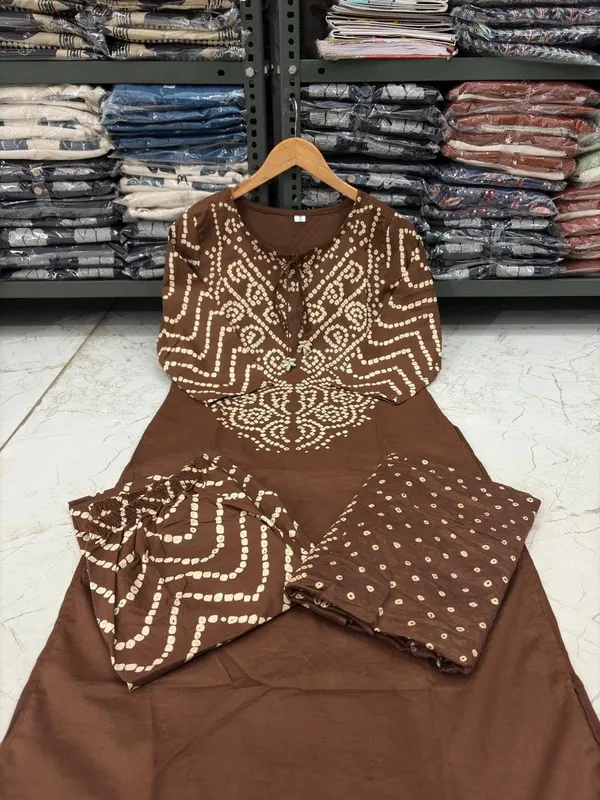 Brown_Printed_Bandhani_Cotton_Kurta_Pant_Dupatta_Set