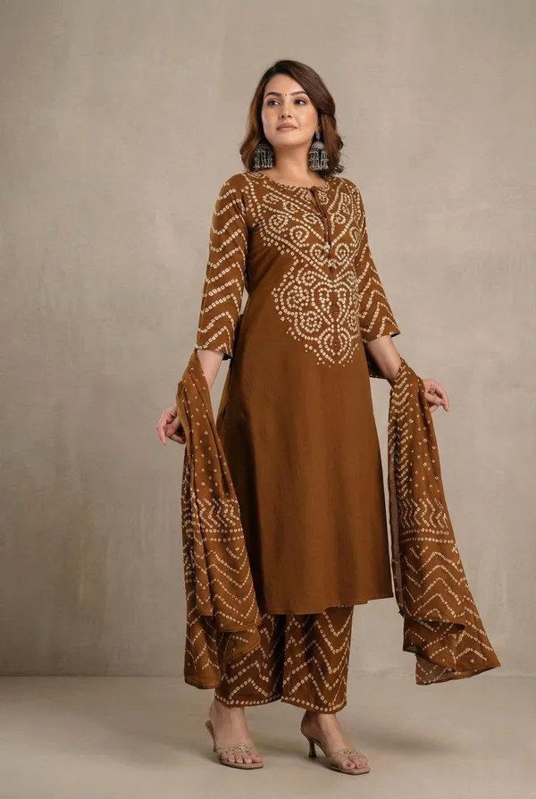 Brown_Printed_Bandhani_Cotton_Kurta_Pant_Dupatta_Set