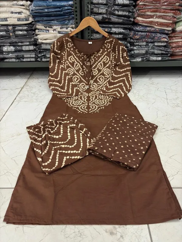 Brown_Printed_Bandhani_Cotton_Kurta_Pant_Dupatta_Set