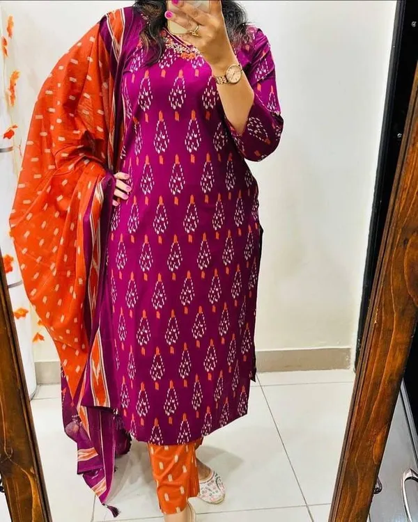 Designer_Ikkat_Print_with_Kurti_Pant_&_Dupatta_Set
