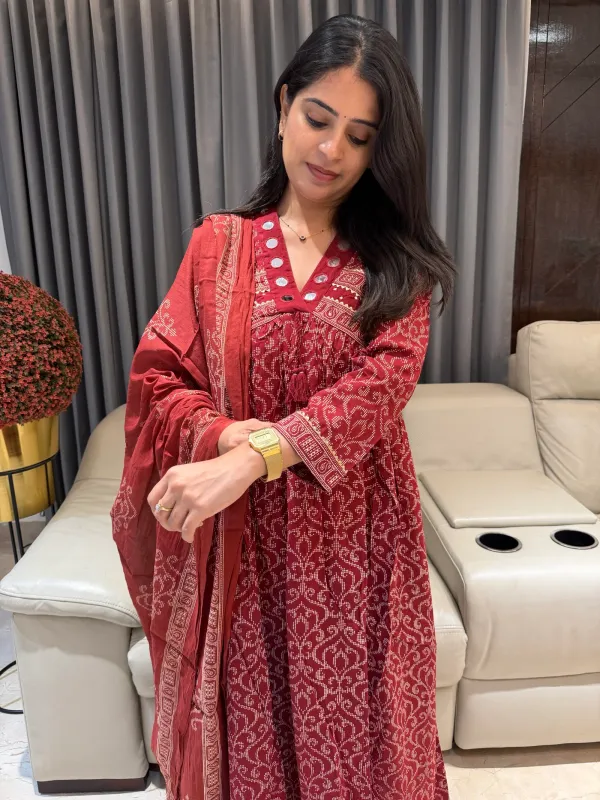 Ethnic_Cotton_Brown_Anarkali_Kurta_Pant_Set_with_Mirror_Detailing