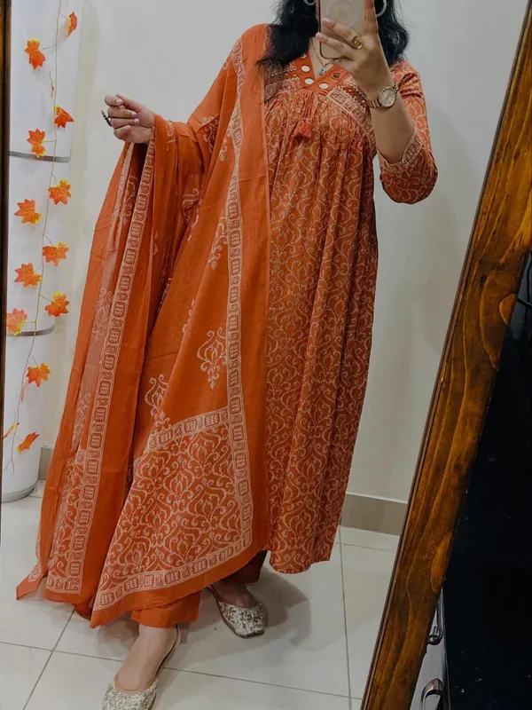 Ethnic_Cotton_Orange_Anarkali_Kurta_Pant_Set_with_Mirror_Detailing