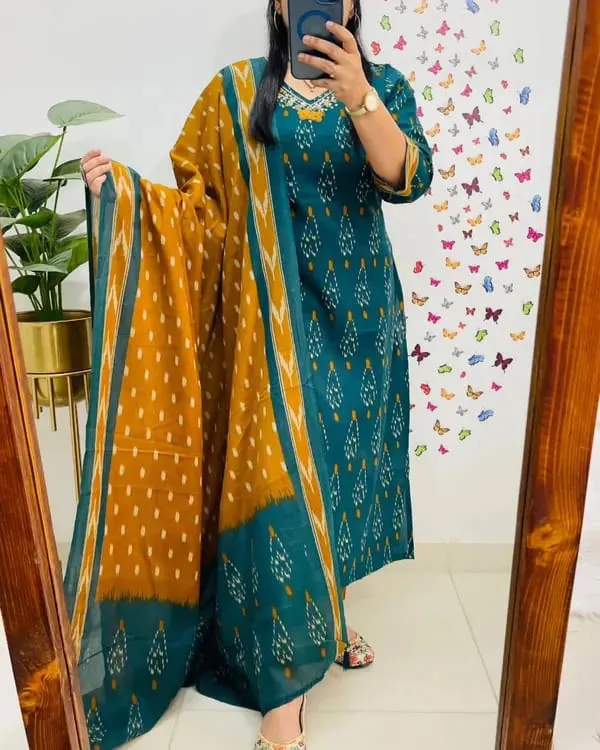 Green_Color_Ikkat_Print_with_Kurti_Pant_&_Dupatta_Set