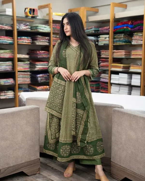 Green_Cotton_Anarkali_Kurta_With_Pant_&_Dupatta_Set