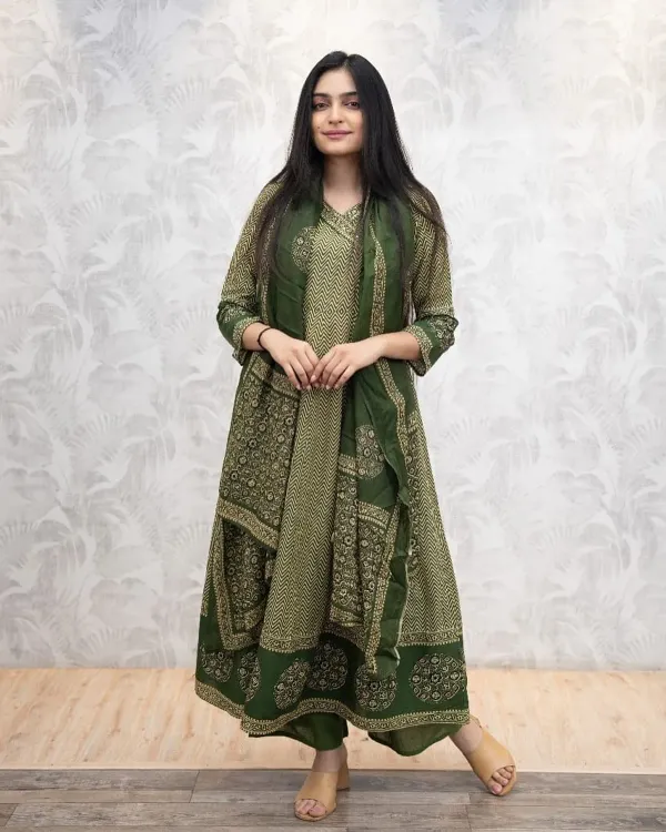 Green_Cotton_Anarkali_Kurta_With_Pant_&_Dupatta_Set