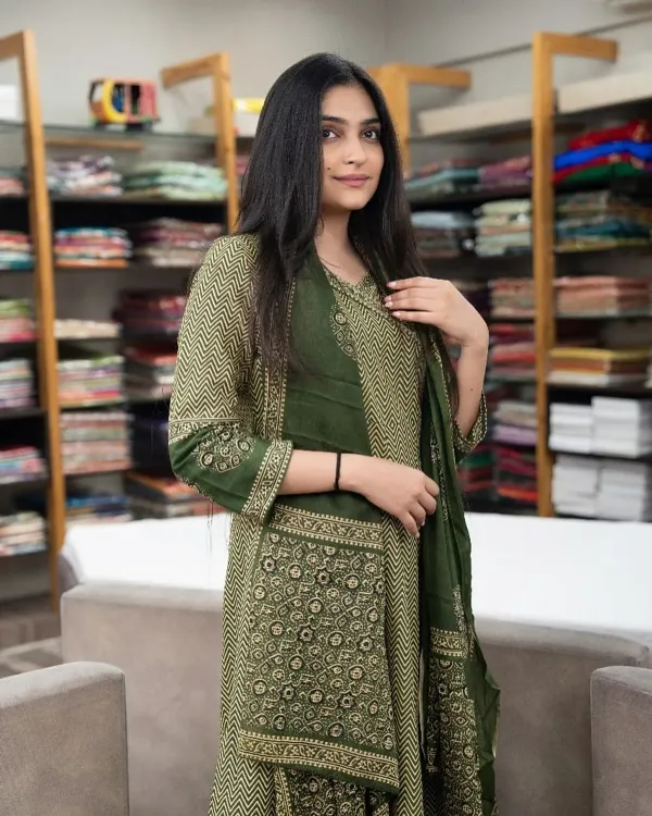 Green_Cotton_Anarkali_Kurta_With_Pant_&_Dupatta_Set