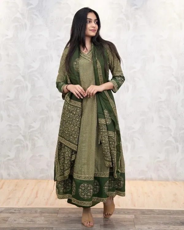 Green_Cotton_Anarkali_Kurta_With_Pant_&_Dupatta_Set
