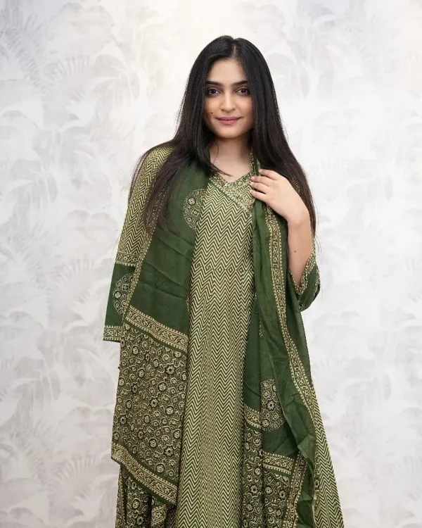 Green_Cotton_Anarkali_Kurta_With_Pant_&_Dupatta_Set