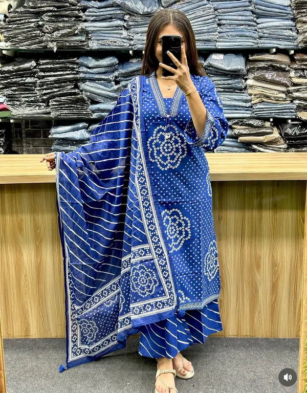 Jaipuri_Blue_Bandhani_Printed_Kurta_Palazzo_Set