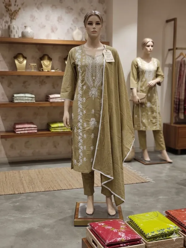 Mehndi_Color_Heavy_Cotton_full_(ChiCkenkari)_Embroidery_Kurti_Plazo_Duppta_set