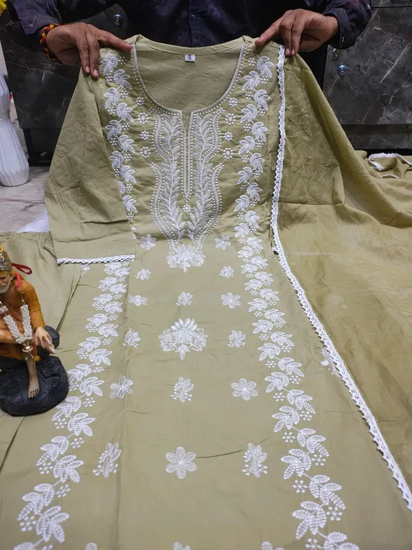 Mehndi_Color_Heavy_Cotton_full_(ChiCkenkari)_Embroidery_Kurti_Plazo_Duppta_set