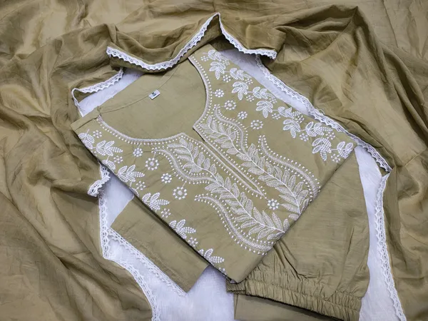 Mehndi_Color_Heavy_Cotton_full_(ChiCkenkari)_Embroidery_Kurti_Plazo_Duppta_set