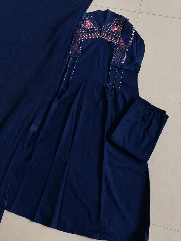 Royal_Blue_Designer_A-Line_Suit_in_Mughal/Kalamkari_Embroidery_Kurti_Pant_Dupatta_Set