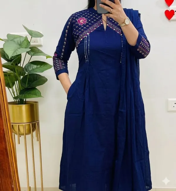 Royal_Blue_Designer_A-Line_Suit_in_Mughal/Kalamkari_Embroidery_Kurti_Pant_Dupatta_Set