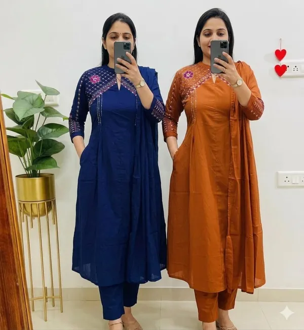 Royal_Blue_Designer_A-Line_Suit_in_Mughal/Kalamkari_Embroidery_Kurti_Pant_Dupatta_Set
