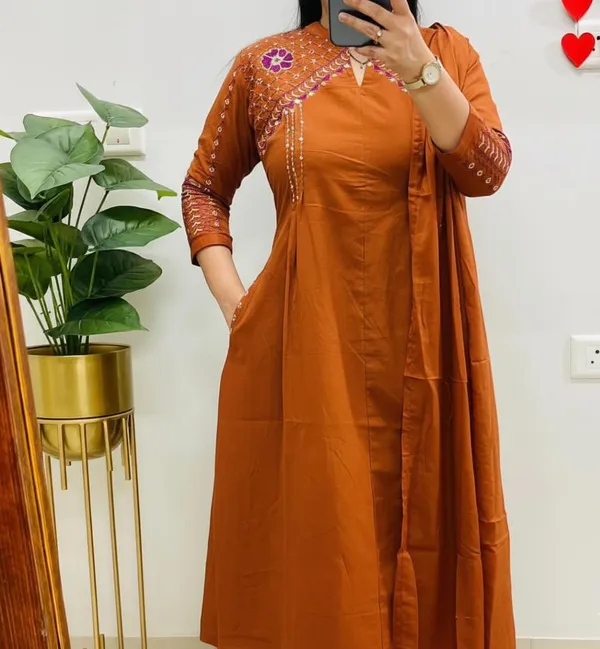 Orange_Designer_A-Line_Suit_in_Mughal/Kalamkari_Embroidery_Kurti_Pant_Dupatta_Set