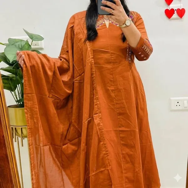 Orange_Designer_A-Line_Suit_in_Mughal/Kalamkari_Embroidery_Kurti_Pant_Dupatta_Set