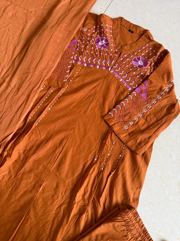 Orange_Designer_A-Line_Suit_in_Mughal/Kalamkari_Embroidery_Kurti_Pant_Dupatta_Set