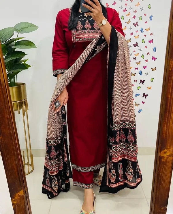Mehroon_Heavy_Cotton_Suit_Set_with_Dupatta