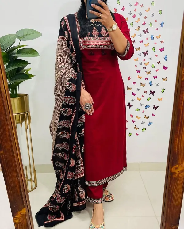 Mehroon_Heavy_Cotton_Suit_Set_with_Dupatta