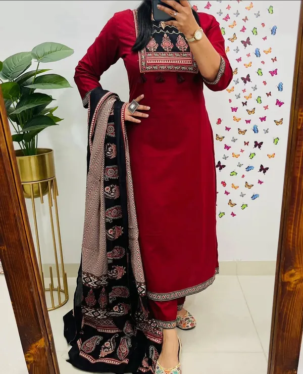 Mehroon_Heavy_Cotton_Suit_Set_with_Dupatta