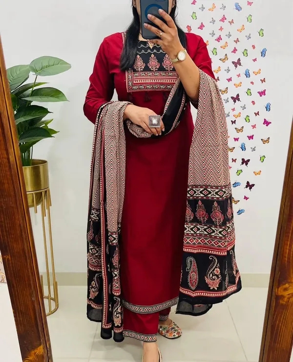 Mehroon_Heavy_Cotton_Suit_Set_with_Dupatta