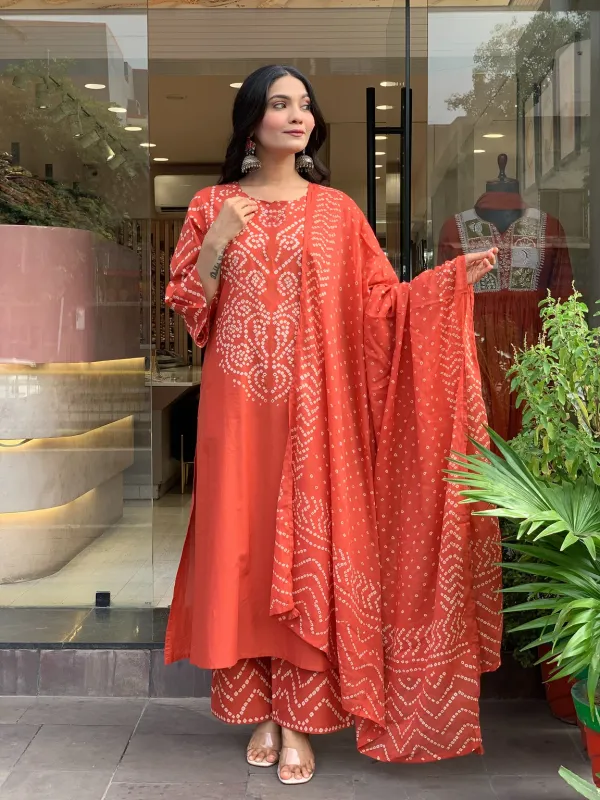 Orange_Printed_Bandhani_Cotton_Kurta_Pant_Dupatta_Set