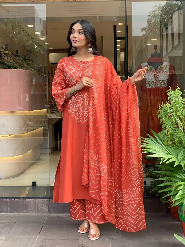 Orange_Printed_Bandhani_Cotton_Kurta_Pant_Dupatta_Set