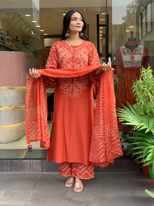 Orange_Printed_Bandhani_Cotton_Kurta_Pant_Dupatta_Set