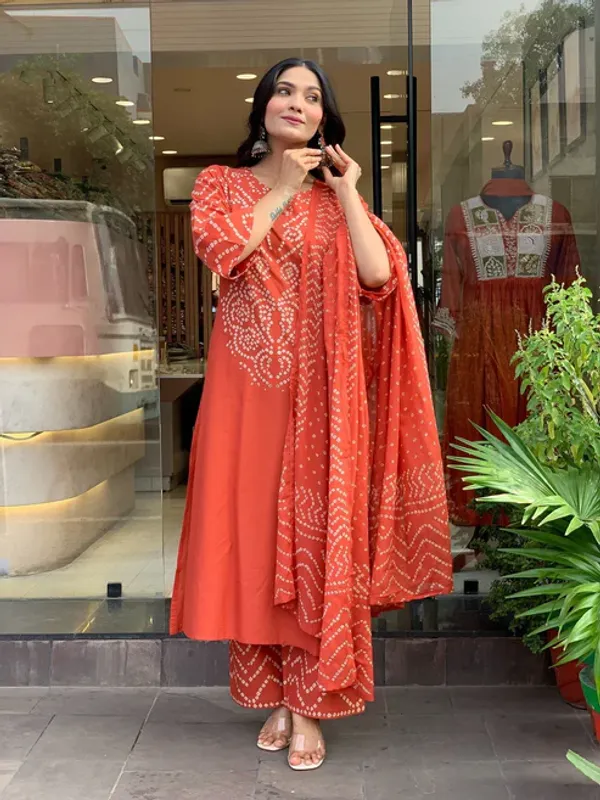 Orange_Printed_Bandhani_Cotton_Kurta_Pant_Dupatta_Set