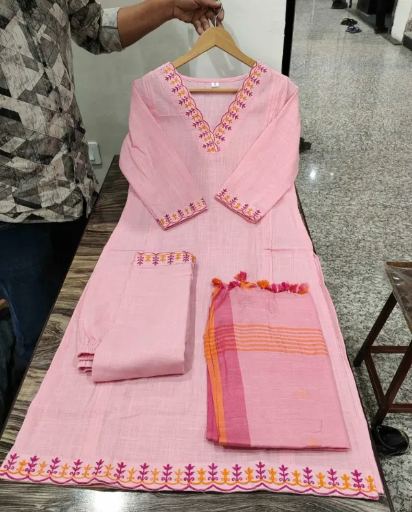 Pink_Handloom_Cotton_Kurta_Pant_With_Dupatta_Set_For_Women