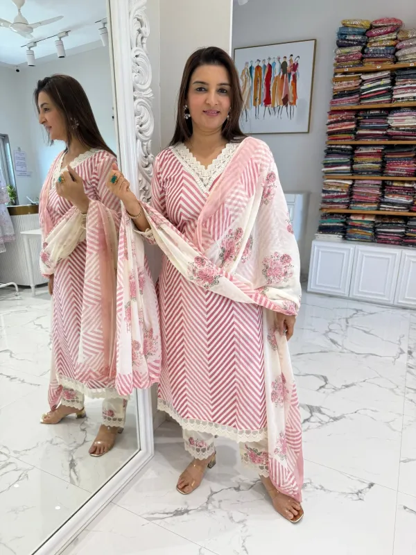 Pink_Striped_V-Neck_Kurti_Pant_Dupatta_Set
