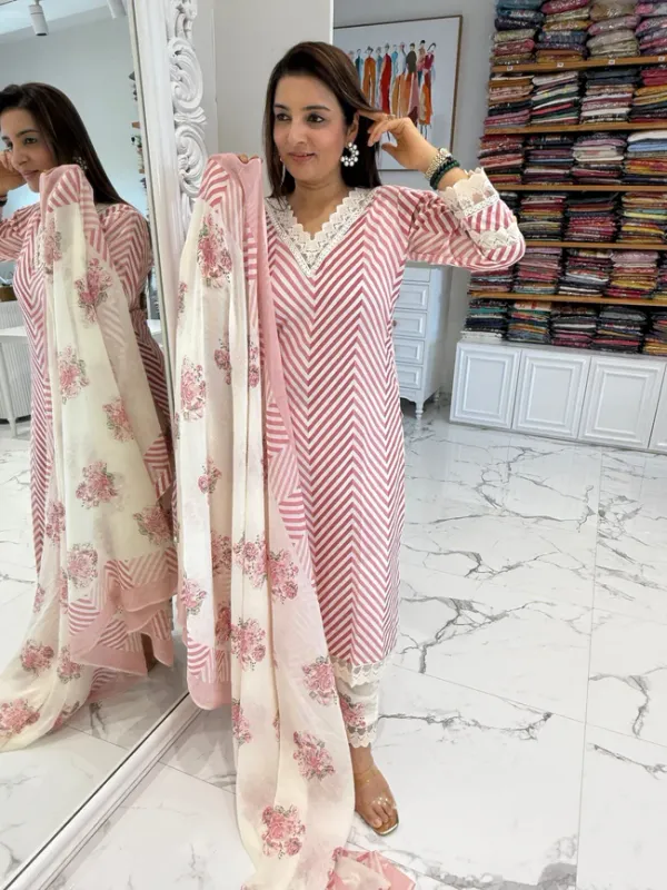 Pink_Striped_V-Neck_Kurti_Pant_Dupatta_Set