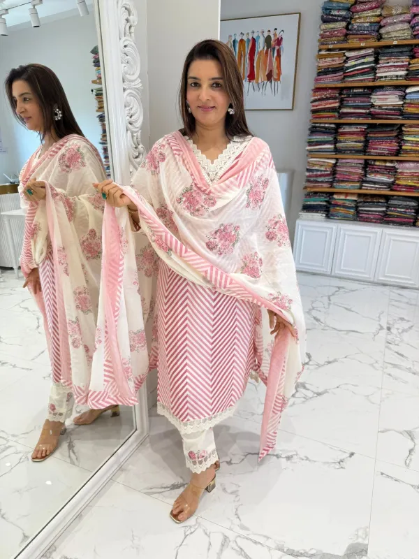 Pink_Striped_V-Neck_Kurti_Pant_Dupatta_Set