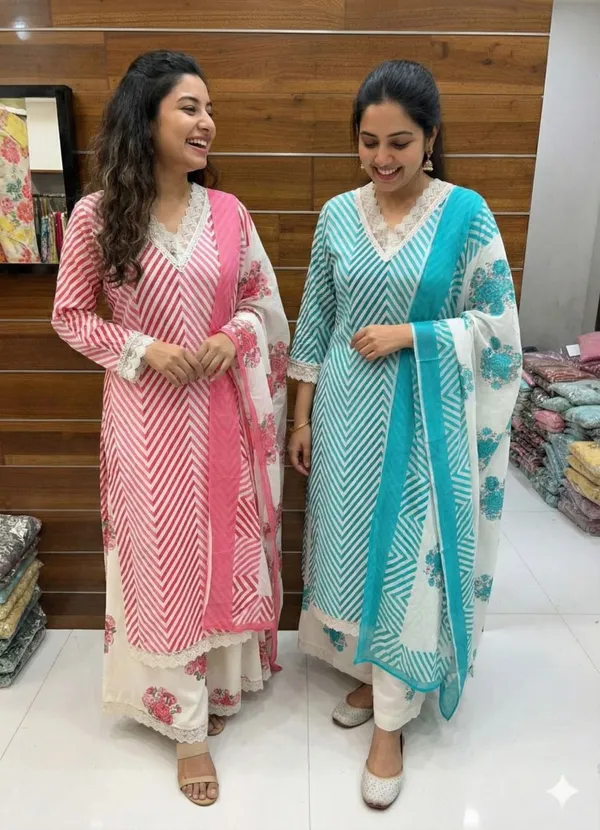 Pink_Striped_V-Neck_Kurti_Pant_Dupatta_Set