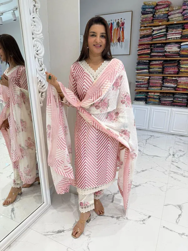 Pink_Striped_V-Neck_Kurti_Pant_Dupatta_Set