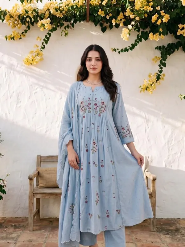 Powder_Blue_color_Cotton_Heavy_Floral_Embroidered_A_Line_Suit